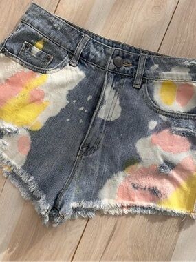 BDG Washed Denim Paint-Splatter Shorts in Pink & Yellow